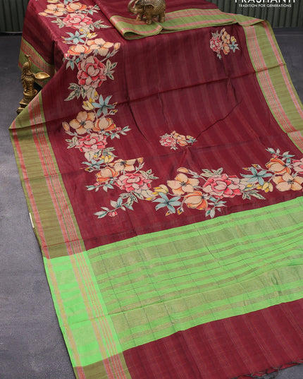 Semi chanderi saree maroon and light green with allover kalamkari applique work and rettapet zari wpoven border