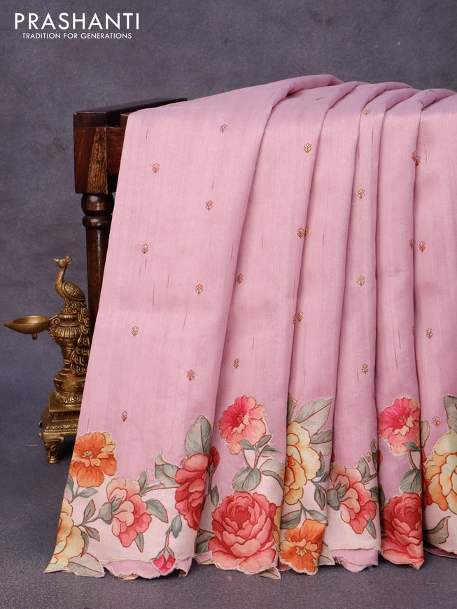 Semi tussar saree pastel pink with allover embroidery work buttas and floral design appilque work border