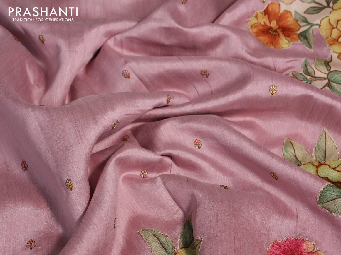 Semi tussar saree pastel pink with allover embroidery work buttas and floral design appilque work border