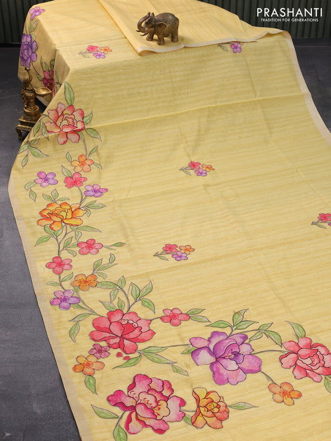Semi tussar saree pale yellow with allover floral design applique work and zari woven border