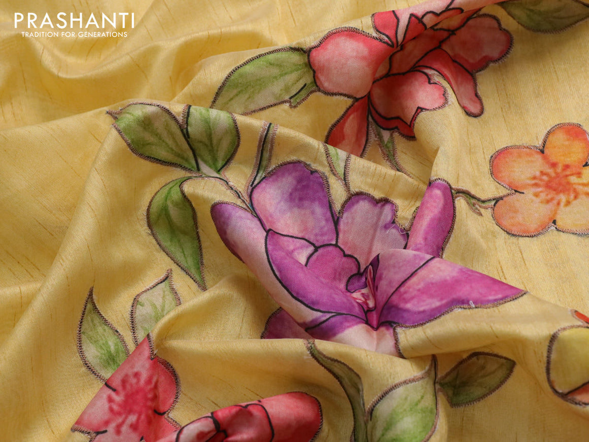 Semi tussar saree pale yellow with allover floral design applique work and zari woven border