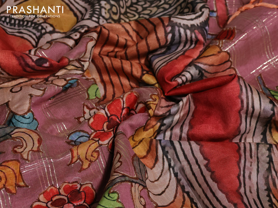 Semi chanderi saree pastel pink with zari checked pattern & kalamkari applique work in borderless style