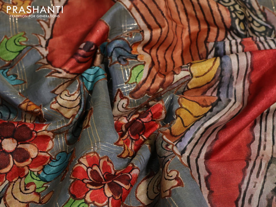 Semi chanderi saree greyish blue with zari checked pattern & kalamkari applique work in borderless style