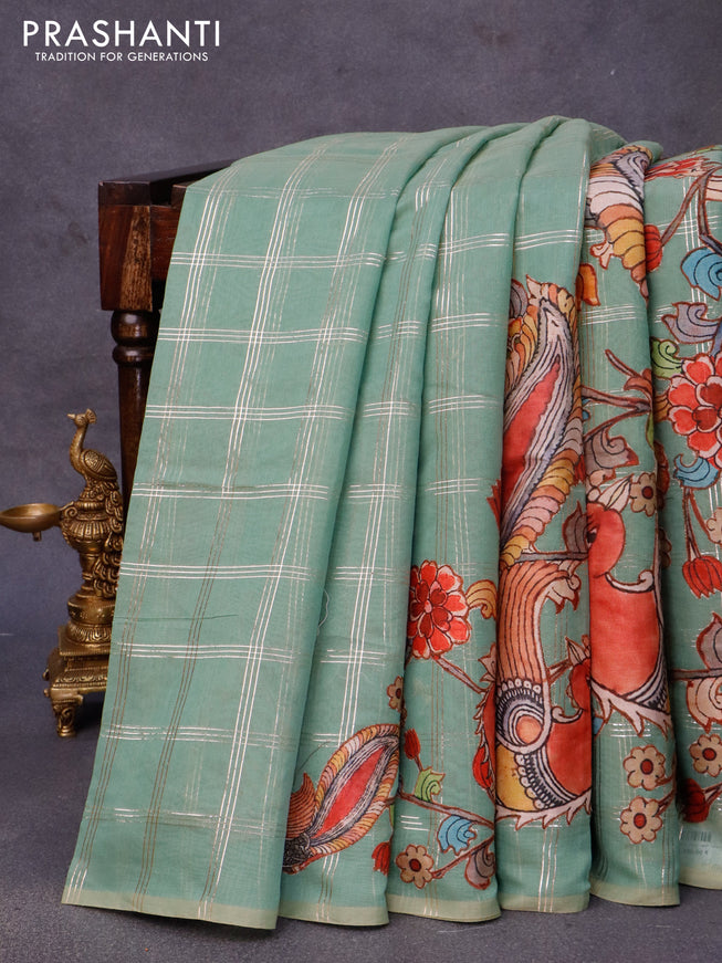 Semi chanderi saree green shade with zari checked pattern & kalamkari applique work in borderless style