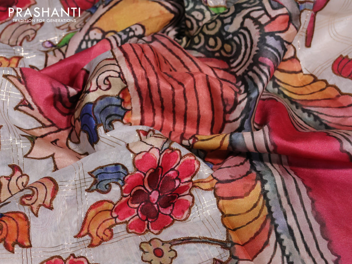 Semi chanderi saree off white with zari checked pattern & kalamkari applique work in borderless style