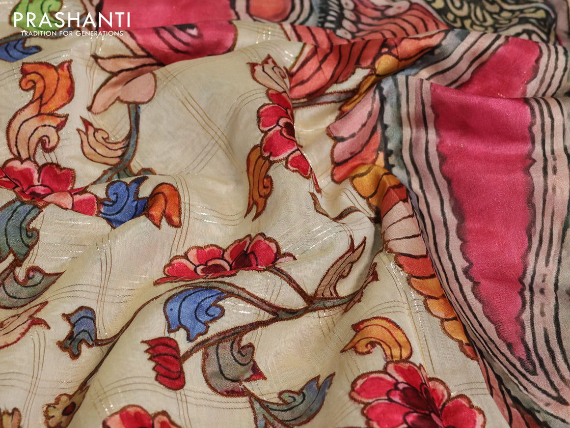 Semi chanderi saree cream with zari checked pattern & kalamkari applique work in borderless style