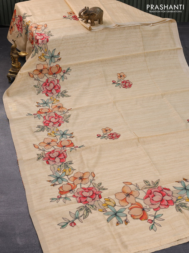 Semi tussar saree sandal with allover floral design applique work and zari woven border