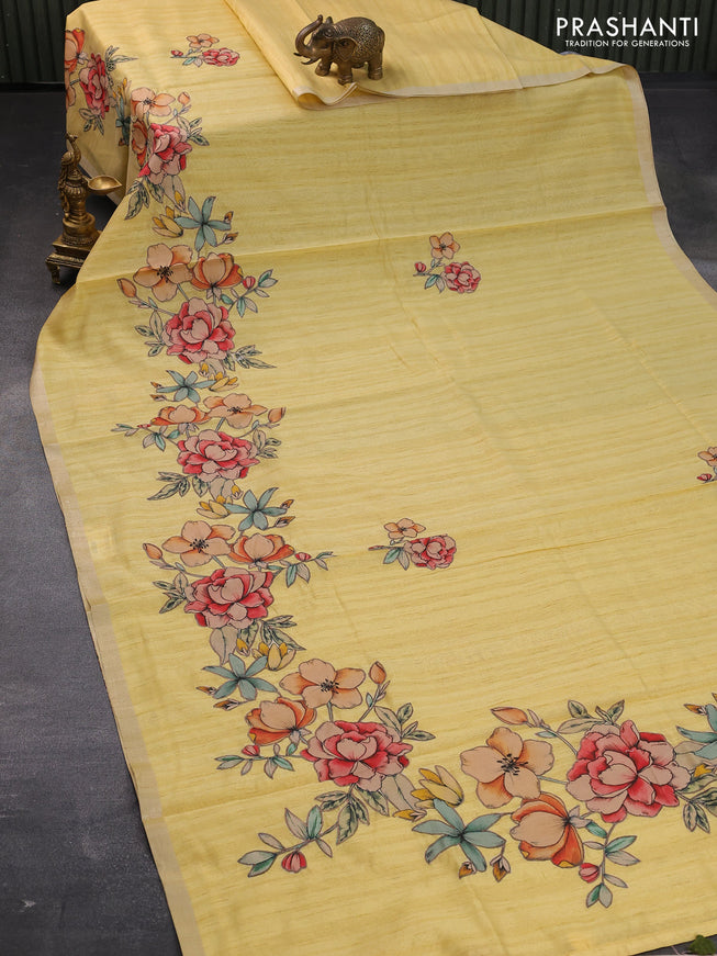 Semi tussar saree yellow with allover floral design applique work and zari woven border