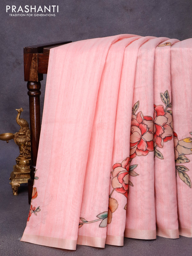 Semi tussar saree light pink with allover floral design applique work and zari woven border