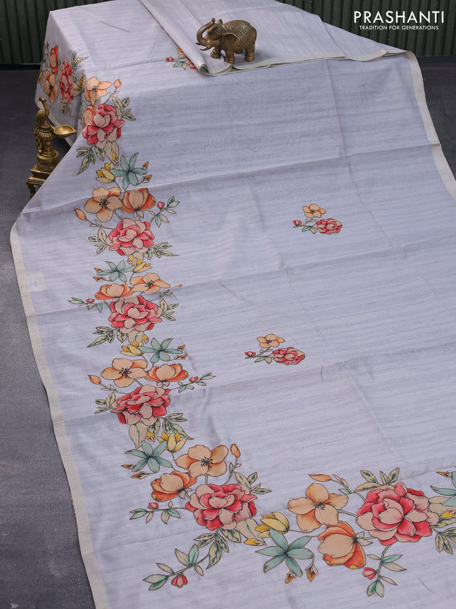 Semi tussar saree grey with allover floral design applique work and zari woven border