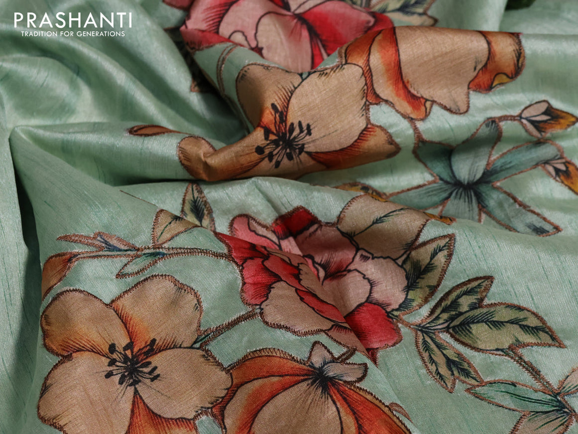 Semi tussar saree teal green with allover floral design applique work and zari woven border