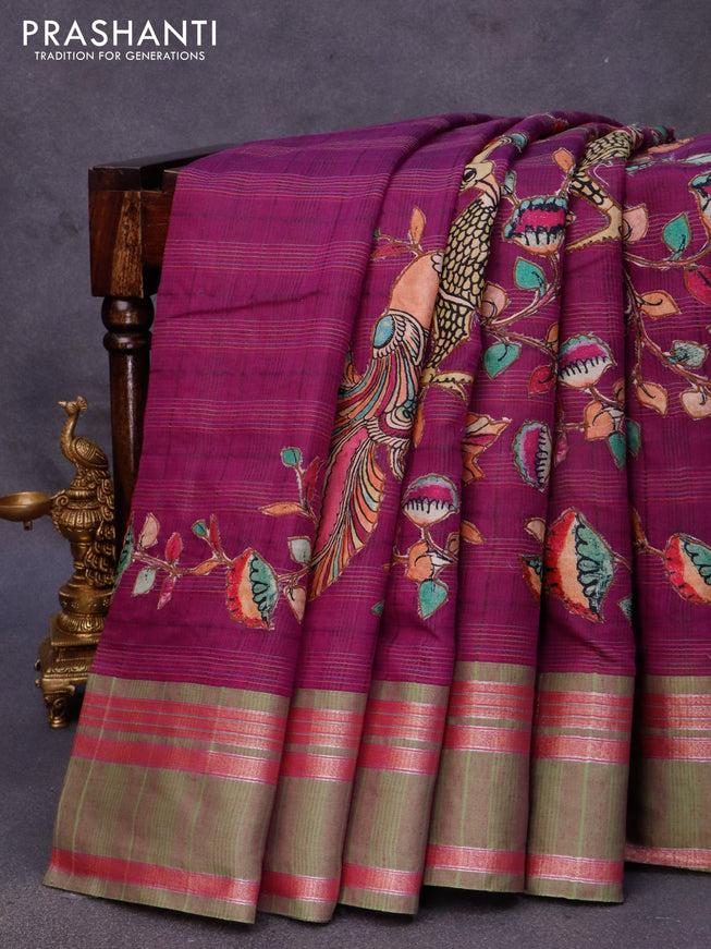 Semi chanderi saree purple and light green with allover kalamkari applique work and rettapet zari woven border