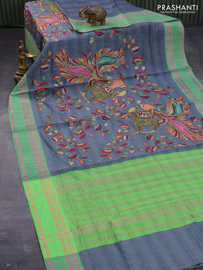Semi chanderi saree grey and light green with allover kalamkari applique work and rettapet zari woven border