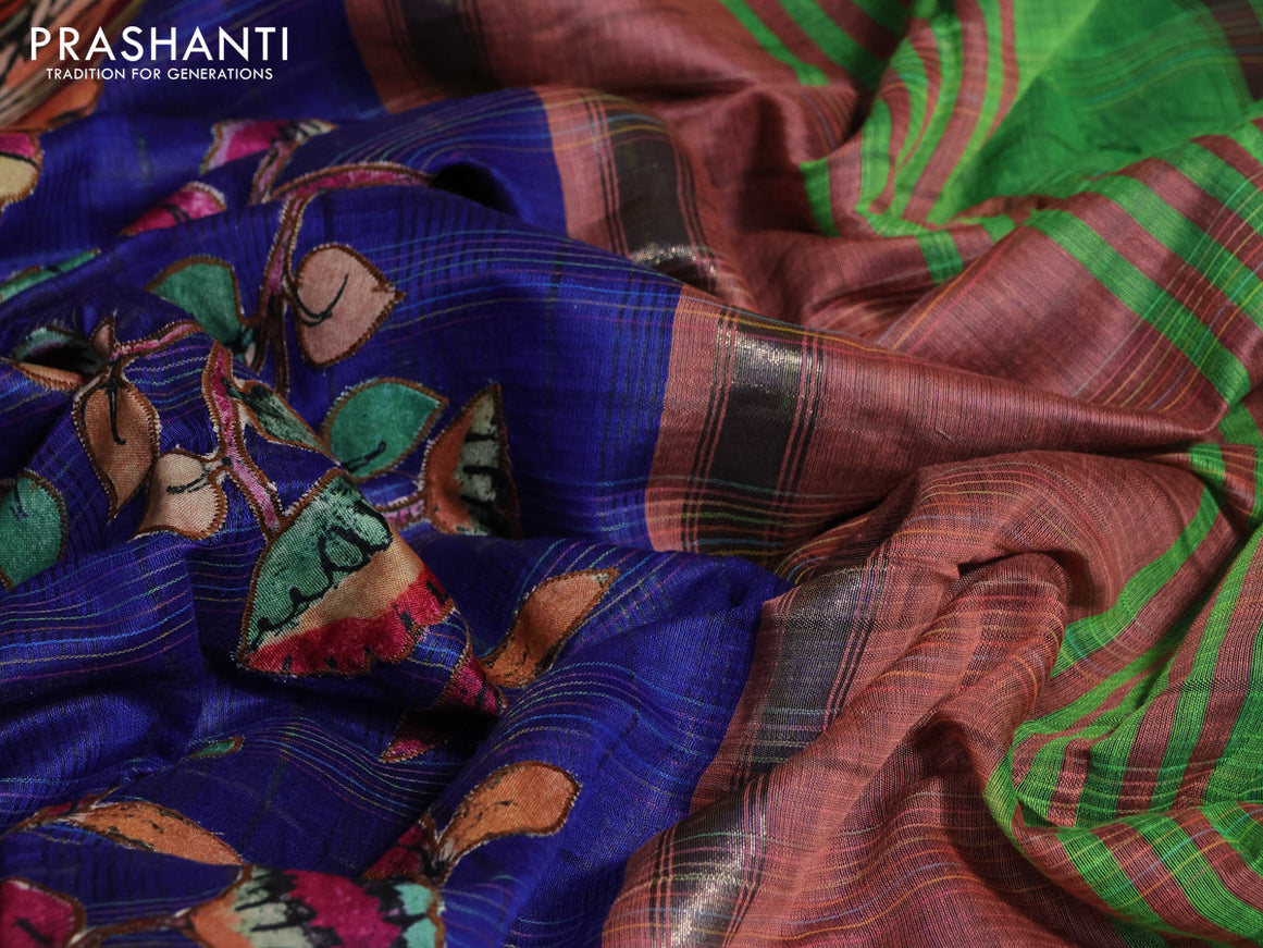 Semi chanderi saree blue and light green with allover kalamkari applique work and rettapet zari wpoven border