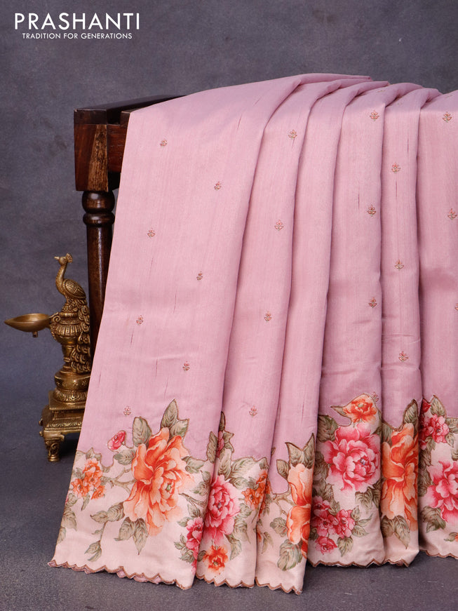 Semi tussar saree mauve pink and beige with allover embroidery work buttas and floral design applique work border