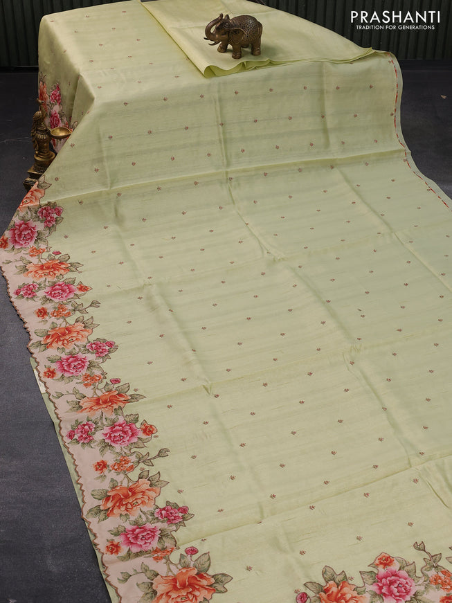 Semi tussar saree mild pista green and beige with allover embroidery work buttas and floral design applique work border