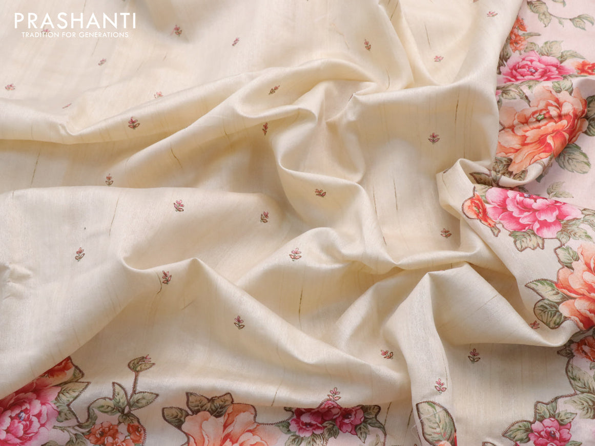 Semi tussar saree cream with allover embroidery work buttas and floral design applique work border