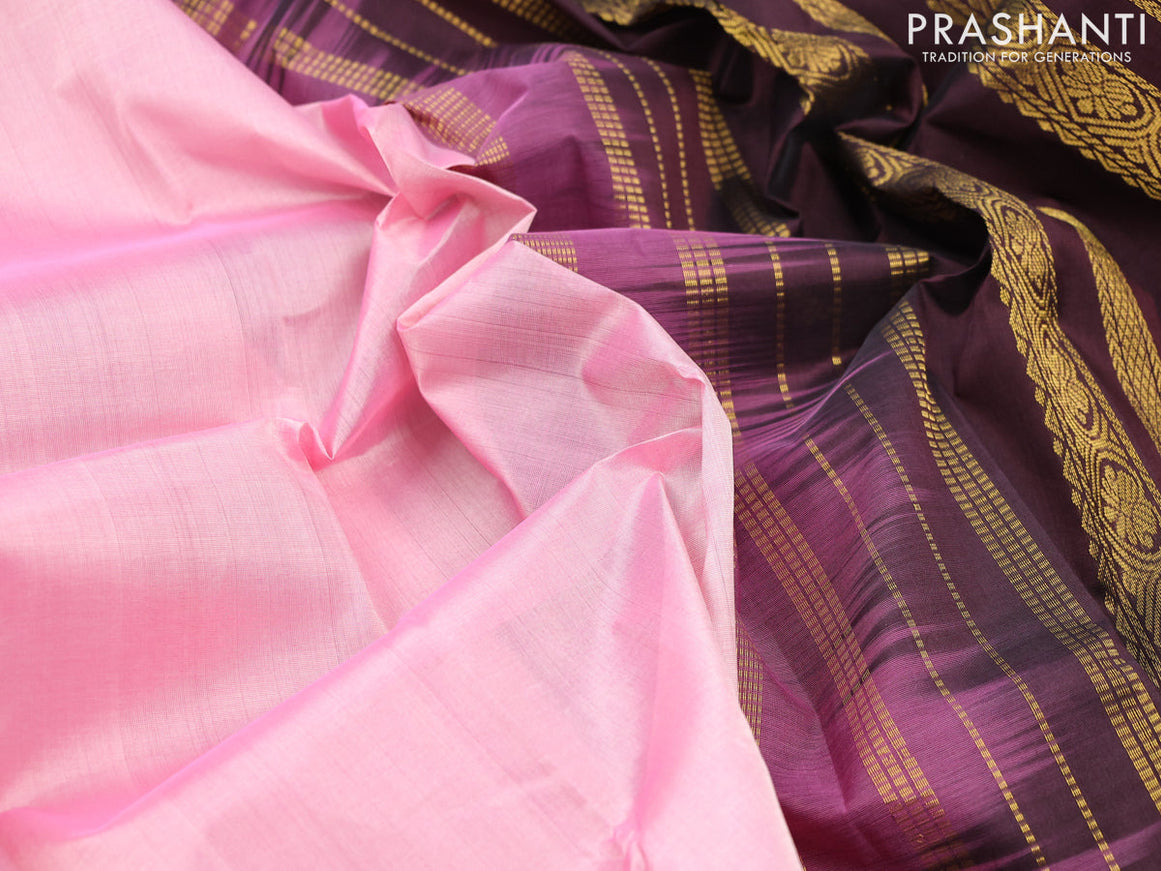 Kuppadam silk cotton saree light pink and coffee brown with plain body and rettapet zari woven border