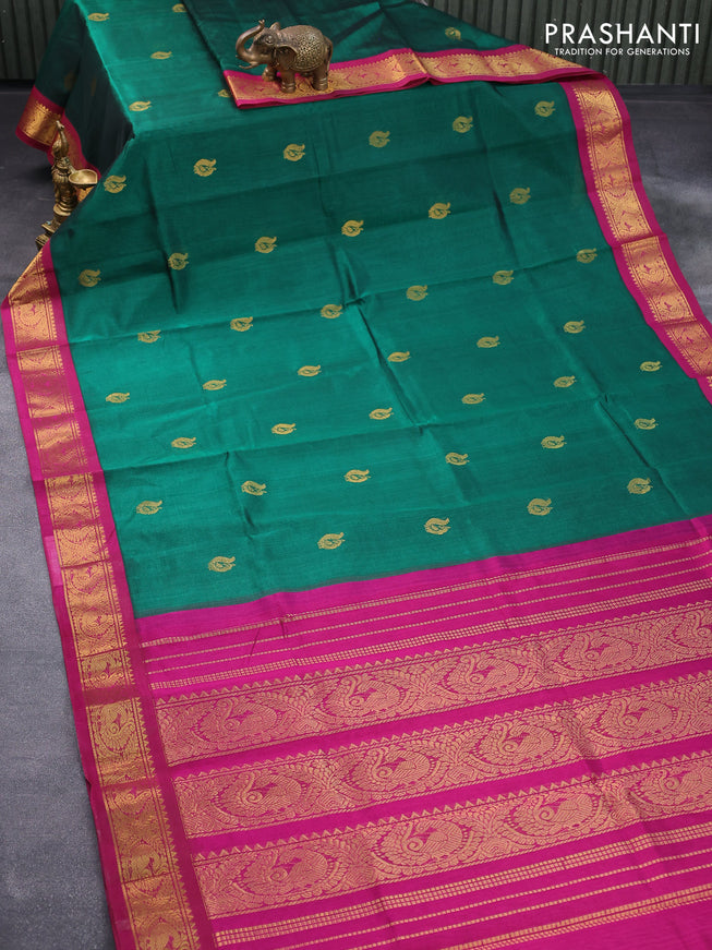 Silk cotton saree green and magenta pink with annam zari woven buttas and annam zari woven korvai border