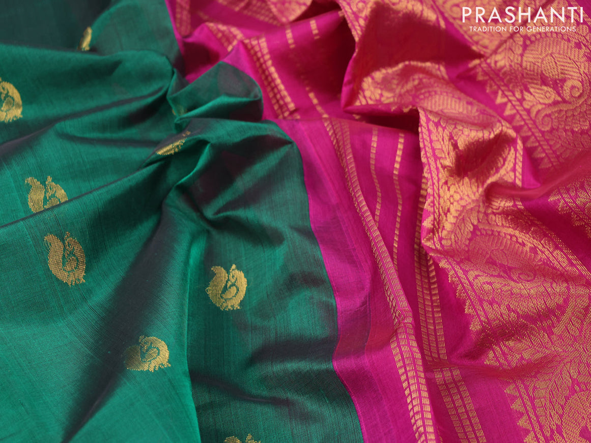 Silk cotton saree green and magenta pink with annam zari woven buttas and annam zari woven korvai border