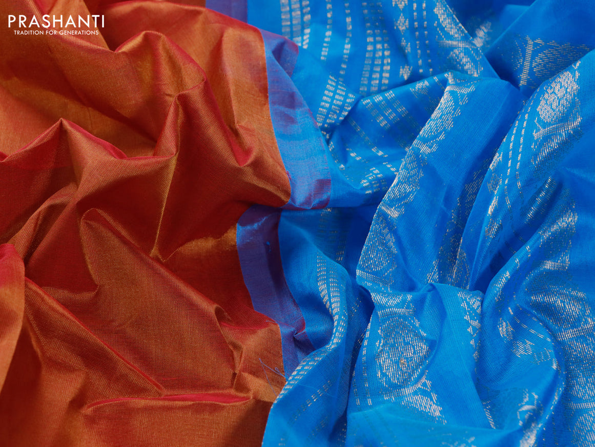 Silk cotton saree dual shade of rustic pink and cs blue with plain body and zari woven korvai border
