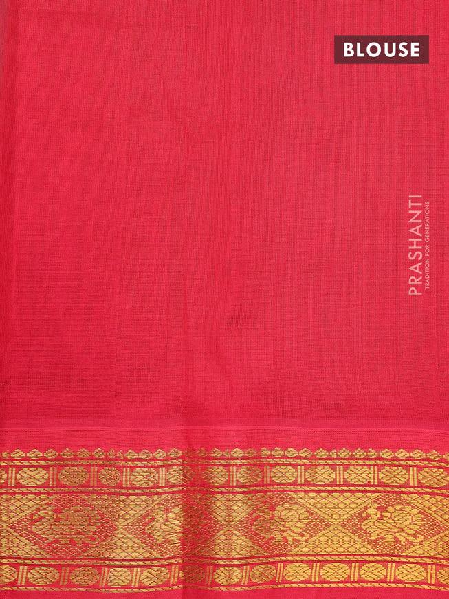 Silk cotton saree dual shade of teal bluish green and red with plain body and zari woven korvai border