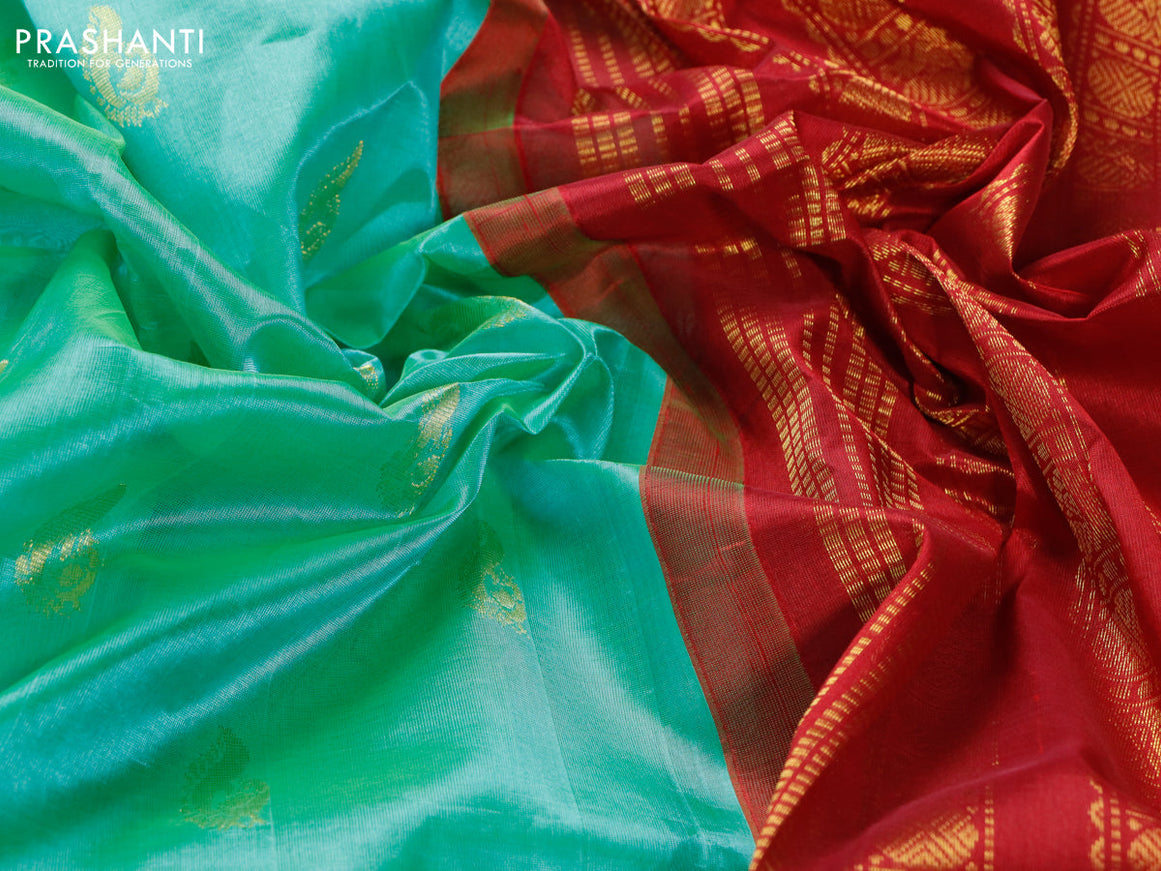 Silk cotton saree teal green and maroon with annam zari woven buttas and rettapet zari woven border