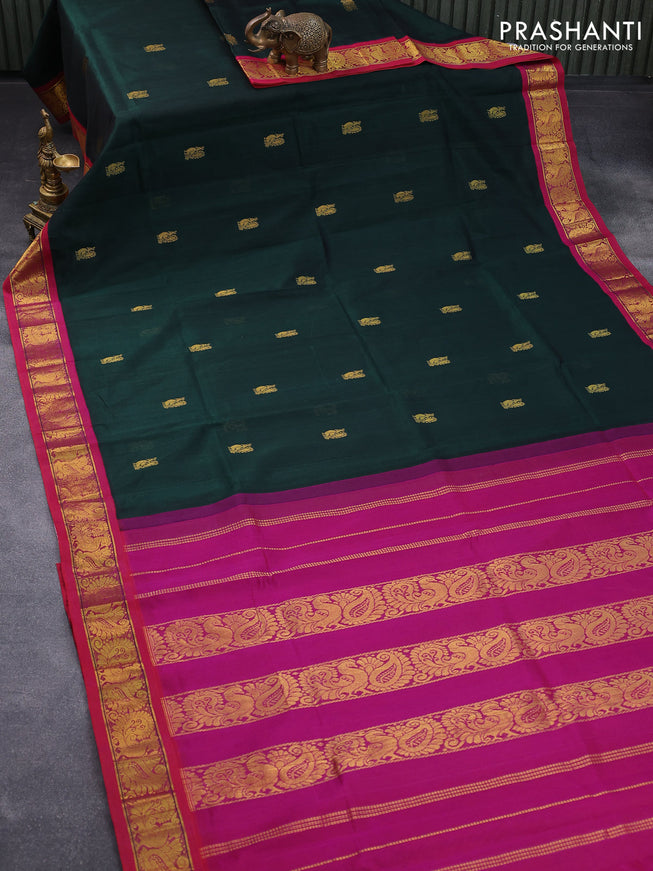 Silk cotton saree bottle green and dual shade of pink with annam zari woven buttas and annam & paisley zari woven border