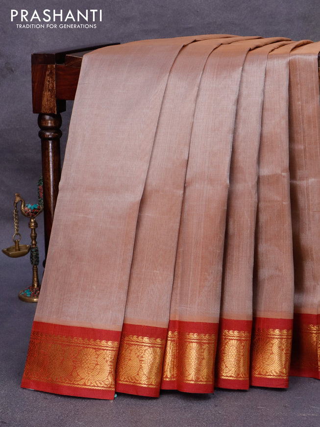 Silk cotton saree beige and rustic maroon with plain body and annam zari woven korvai border