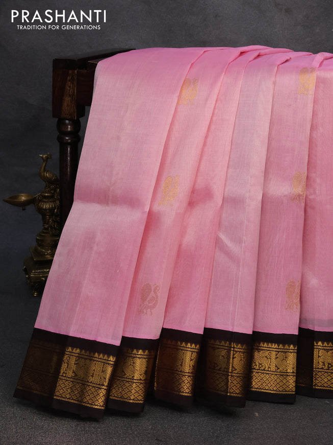 Silk cotton saree light pink and coffee brown with annam & rudhraksha zari woven buttas and zari woven korvai border