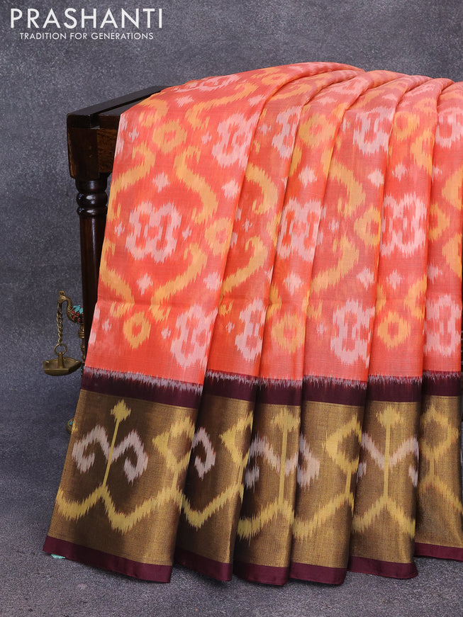 Ikat silk cotton saree peach orange and deep wine shade with allover ikat weaves and long ikat woven border