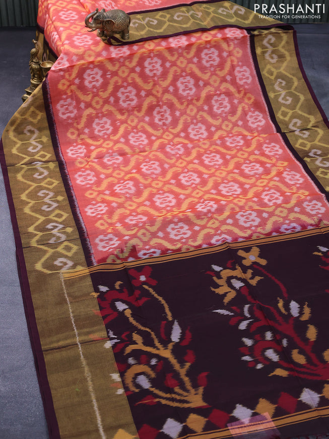 Ikat silk cotton saree peach orange and deep wine shade with allover ikat weaves and long ikat woven border