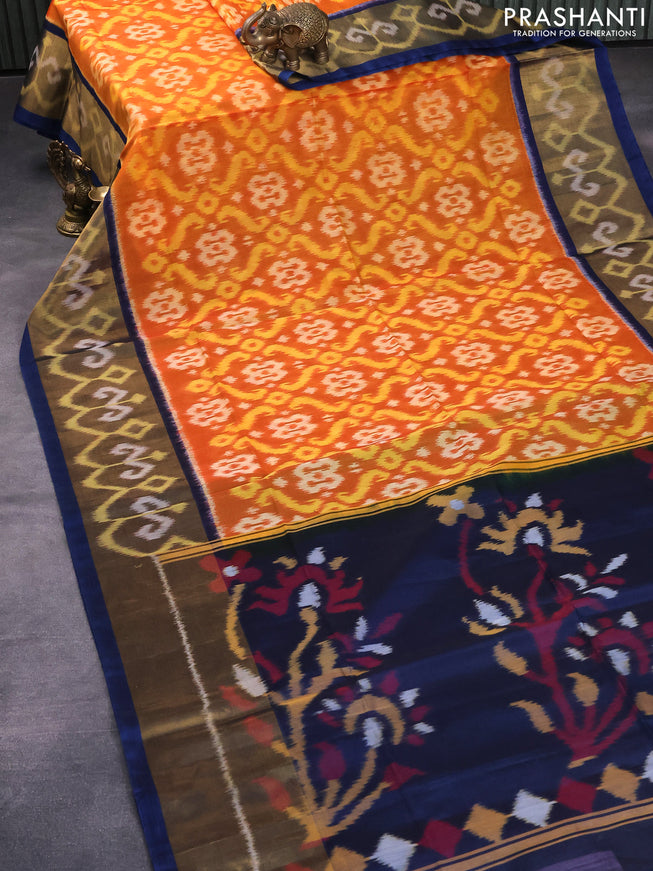 Ikat silk cotton saree sunset orange and peacock blue with allover ikat weaves and long ikat woven border