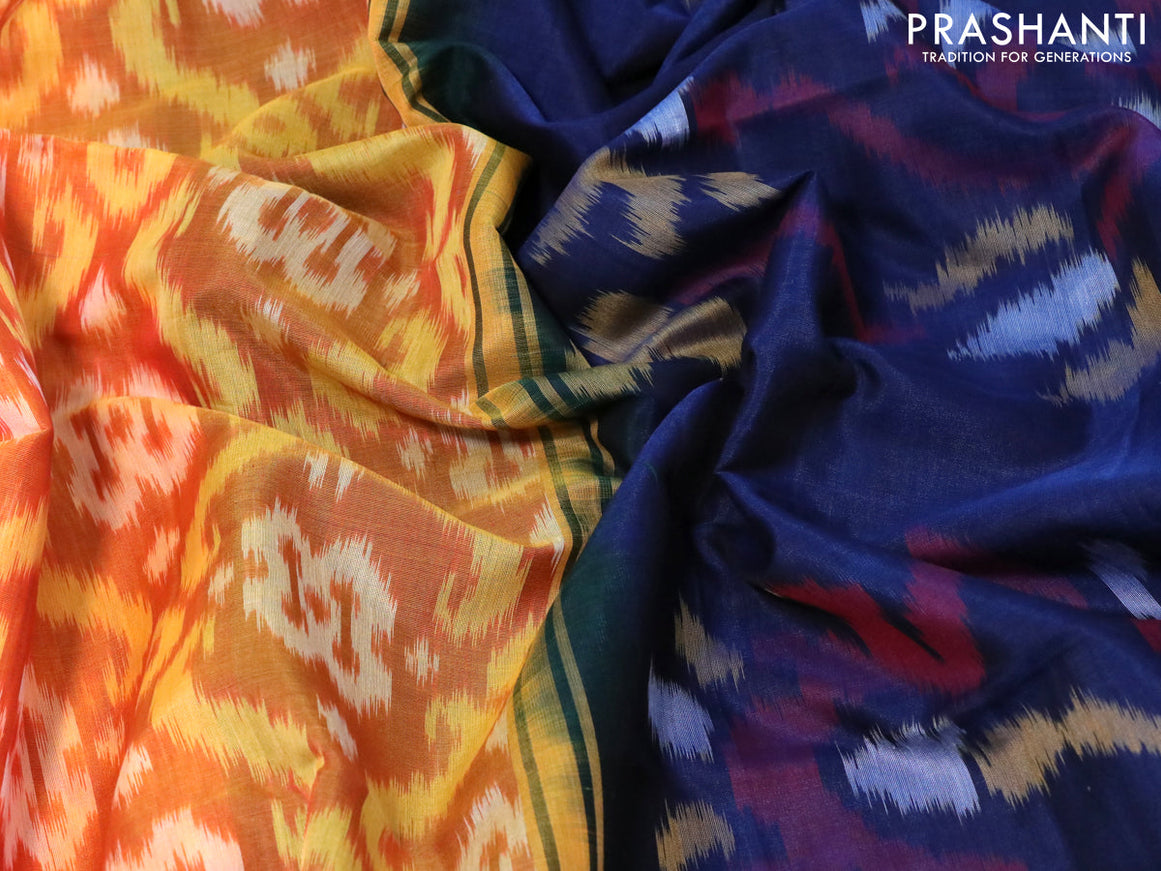 Ikat silk cotton saree sunset orange and peacock blue with allover ikat weaves and long ikat woven border
