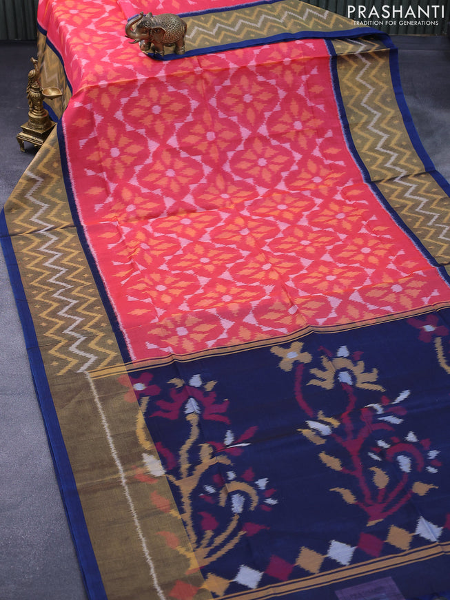 Ikat silk cotton saree pinkish orange and peacock blue with allover ikat weaves and long ikat woven border
