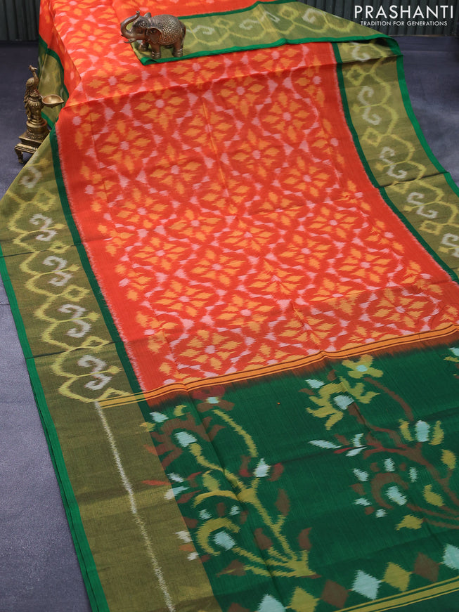Ikat silk cotton saree orange and green with allover ikat weaves and long ikat woven border