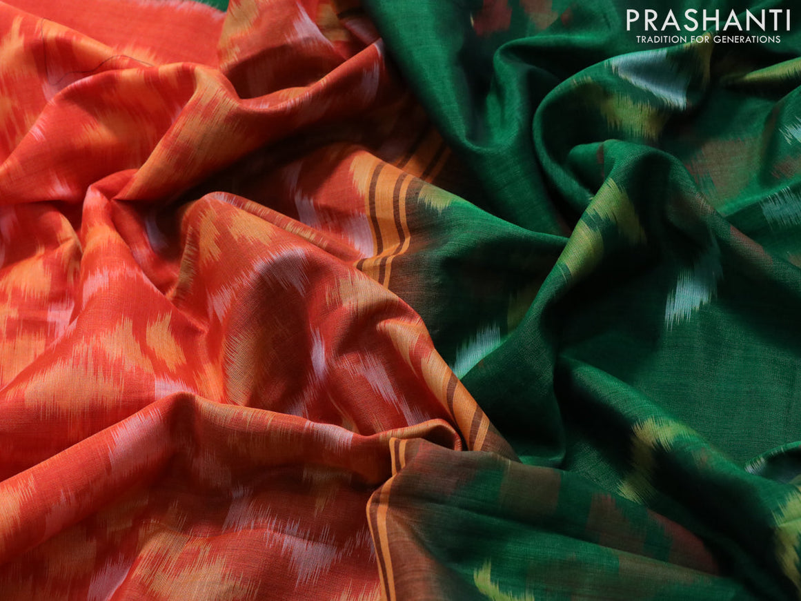 Ikat silk cotton saree orange and green with allover ikat weaves and long ikat woven border