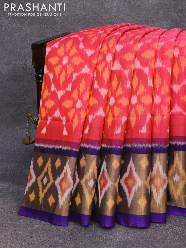 Ikat silk cotton saree dual shade of pink and blue with allover ikat weaves and long ikat woven border