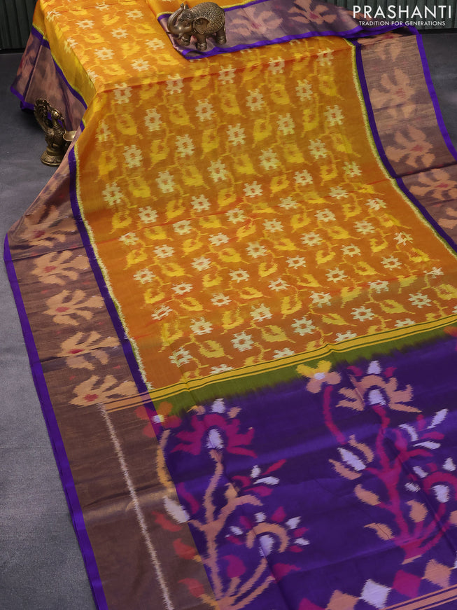 Ikat silk cotton saree mustard shade and violet with allover ikat weaves and long ikat woven border