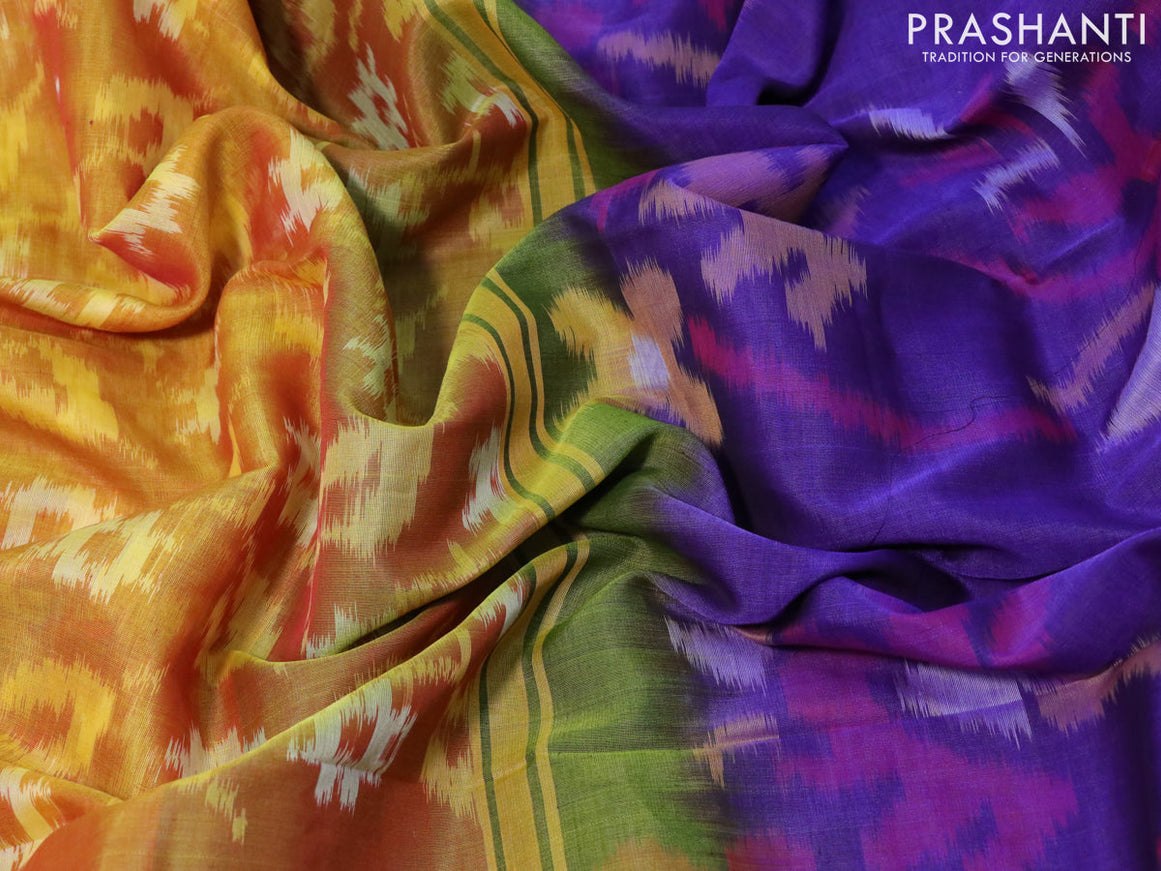 Ikat silk cotton saree mustard shade and violet with allover ikat weaves and long ikat woven border