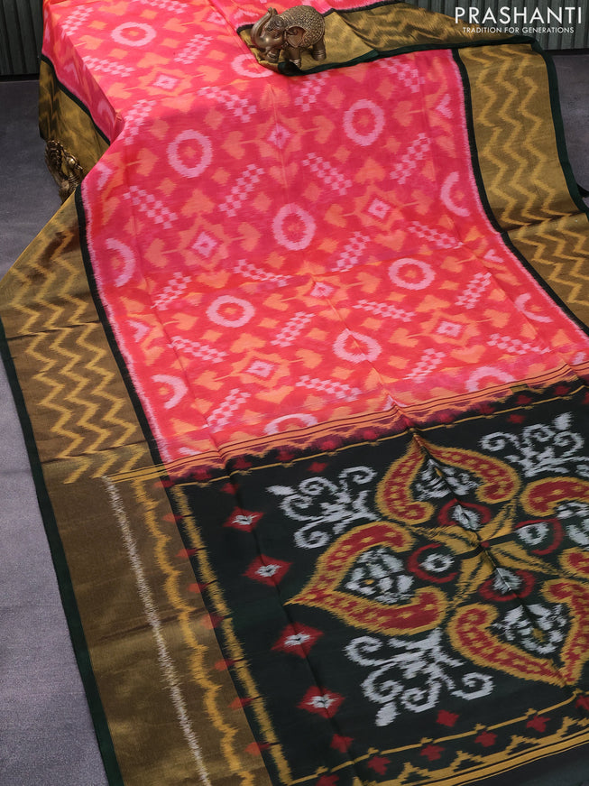Ikat silk cotton saree pink and dark green with allover ikat weaves and long ikat woven border