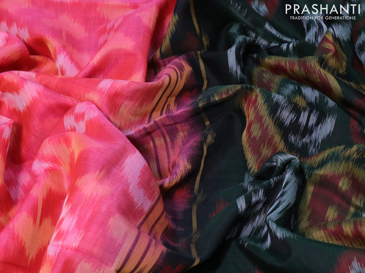 Ikat silk cotton saree pink and dark green with allover ikat weaves and long ikat woven border
