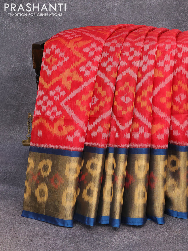 Ikat silk cotton saree red and peacock blue with allover ikat weaves and long ikat woven border