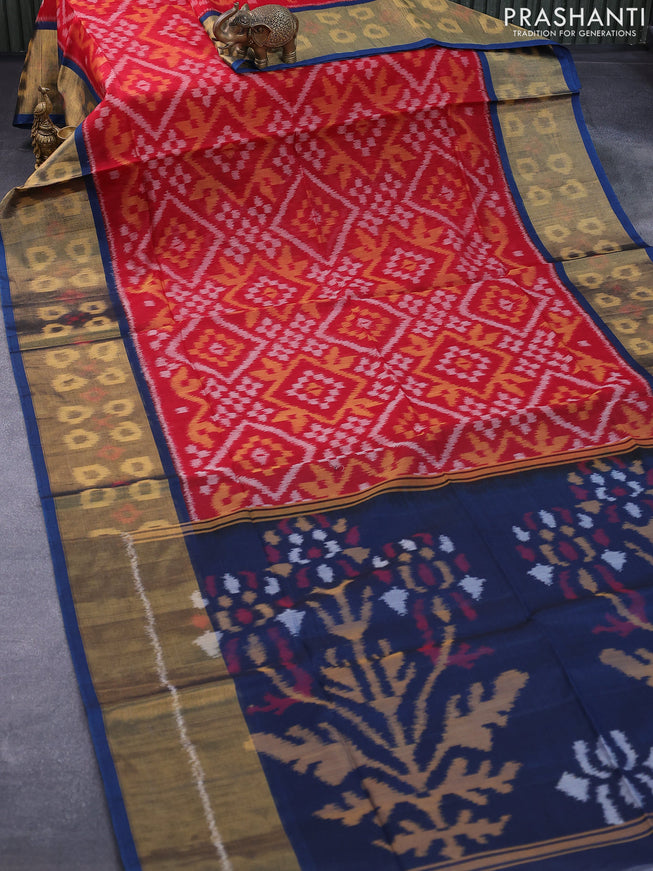 Ikat silk cotton saree red and peacock blue with allover ikat weaves and long ikat woven border