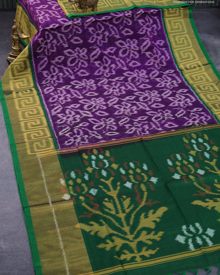 Ikat silk cotton saree violet and green with allover ikat weaves and long ikat woven border