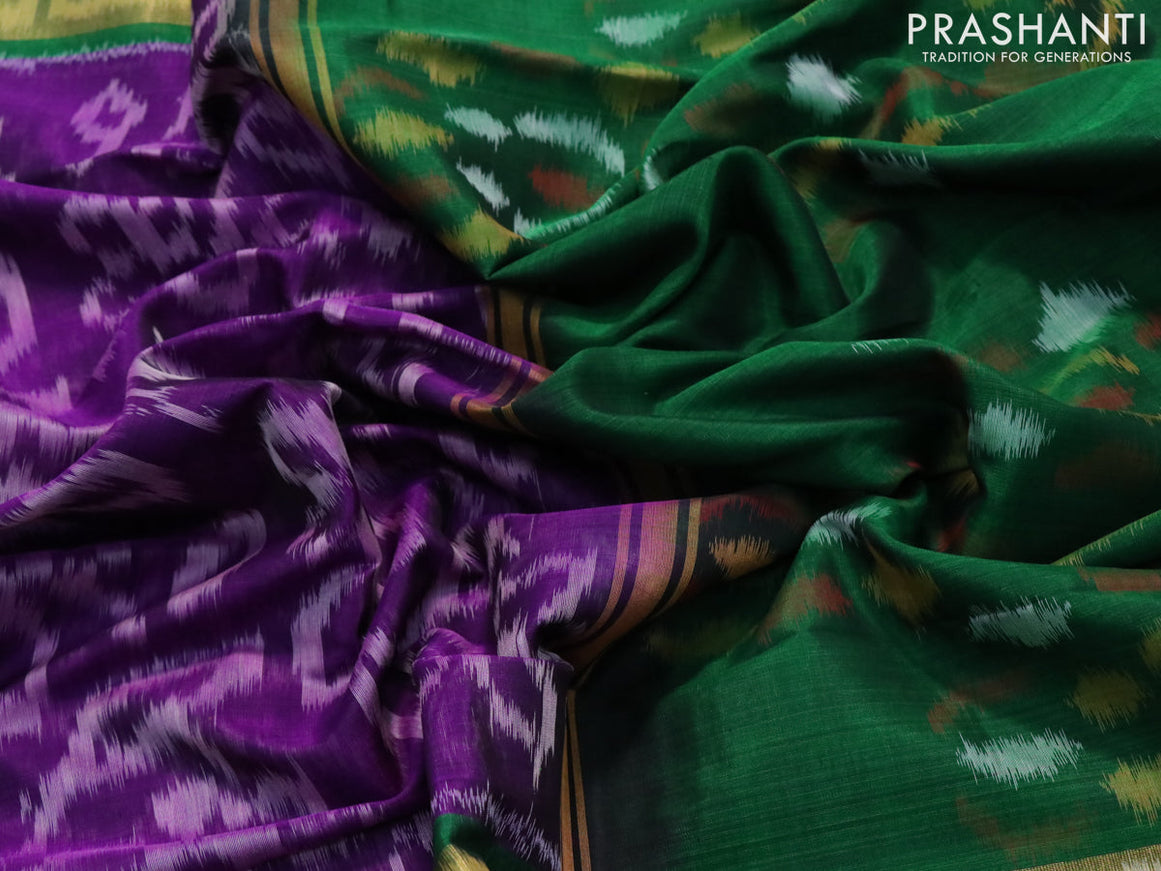 Ikat silk cotton saree violet and green with allover ikat weaves and long ikat woven border