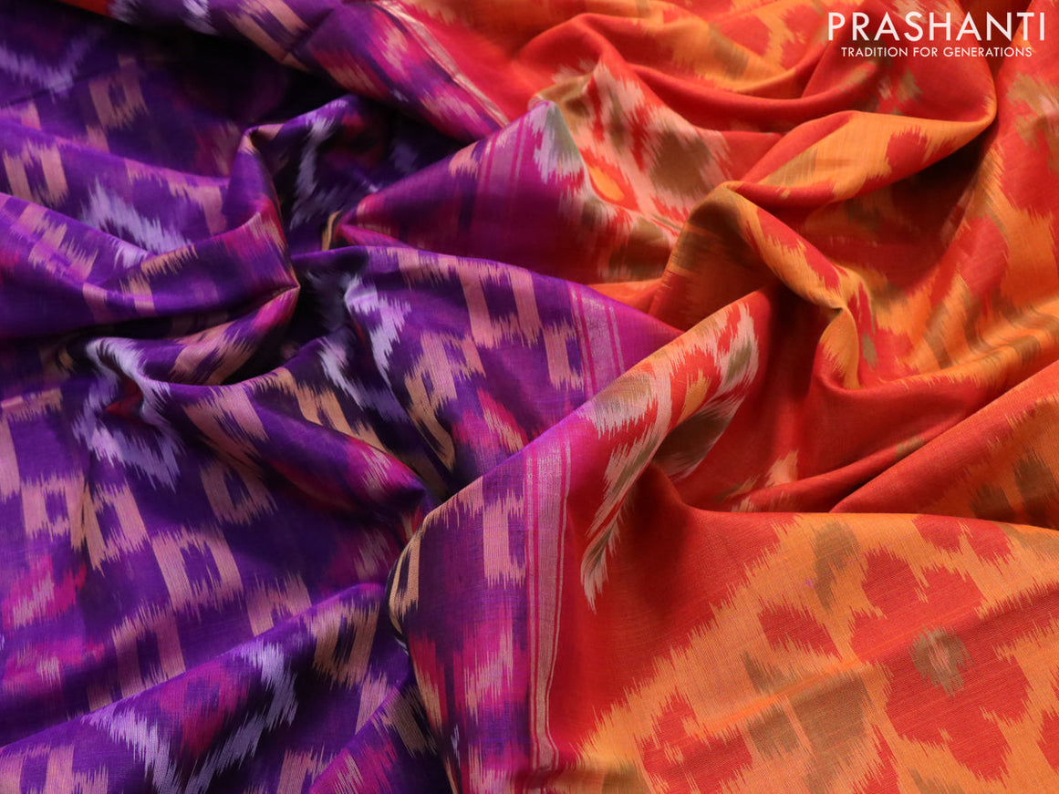 Ikat silk cotton saree violet and orange with allover ikat weaves and long ikat woven border