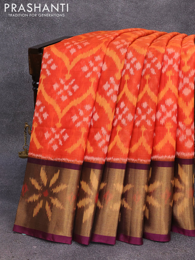 Ikat silk cotton saree orange and wine shade with allover ikat weaves and long ikat woven border