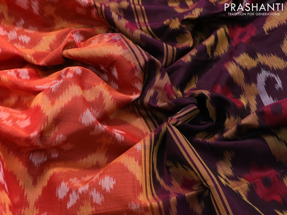 Ikat silk cotton saree orange and wine shade with allover ikat weaves and long ikat woven border