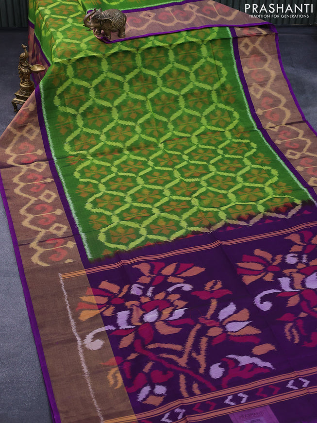 Ikat silk cotton saree green and purple with allover ikat weaves and long ikat woven border